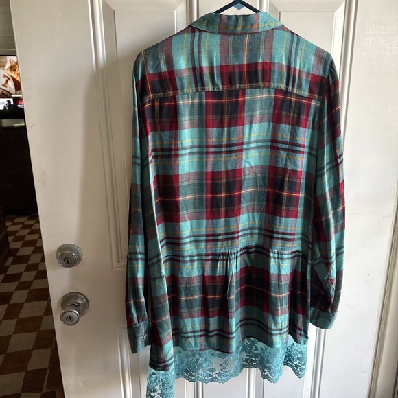 SOFT SURROUNDINGS Size L Red Turquoise Plaid Flannel  Shirt Dress - Picture 3 of 5